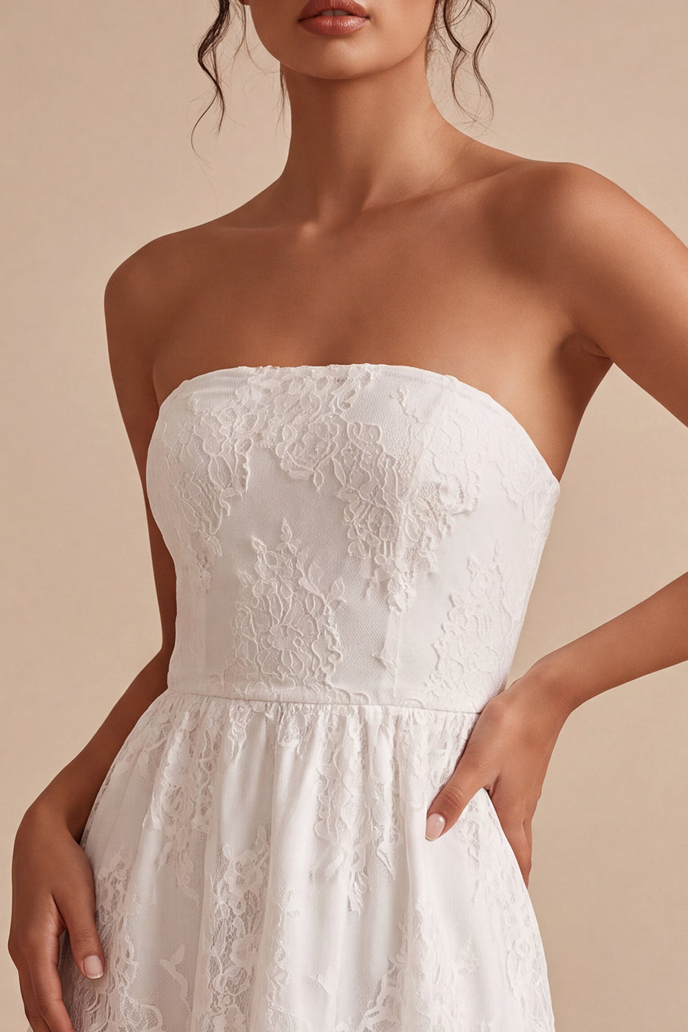 White Strapless A-Line Short Lace Graduation Dress