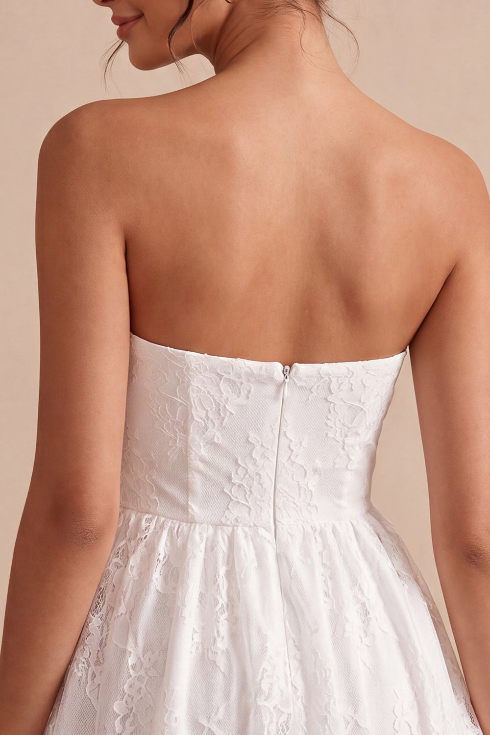 White Strapless A-Line Short Lace Graduation Dress