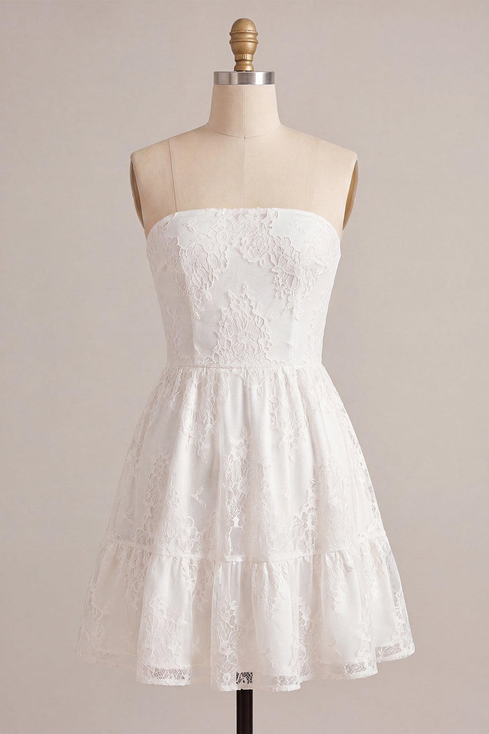 White Strapless A-Line Short Lace Graduation Dress