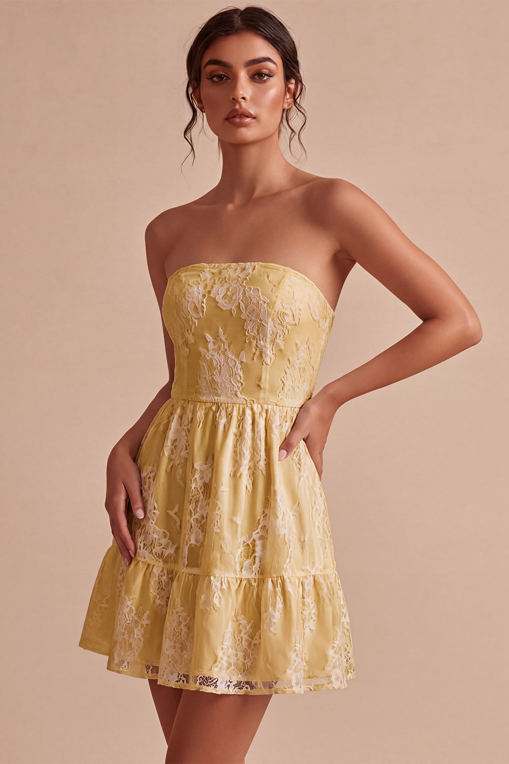 White Strapless A-Line Short Lace Graduation Dress