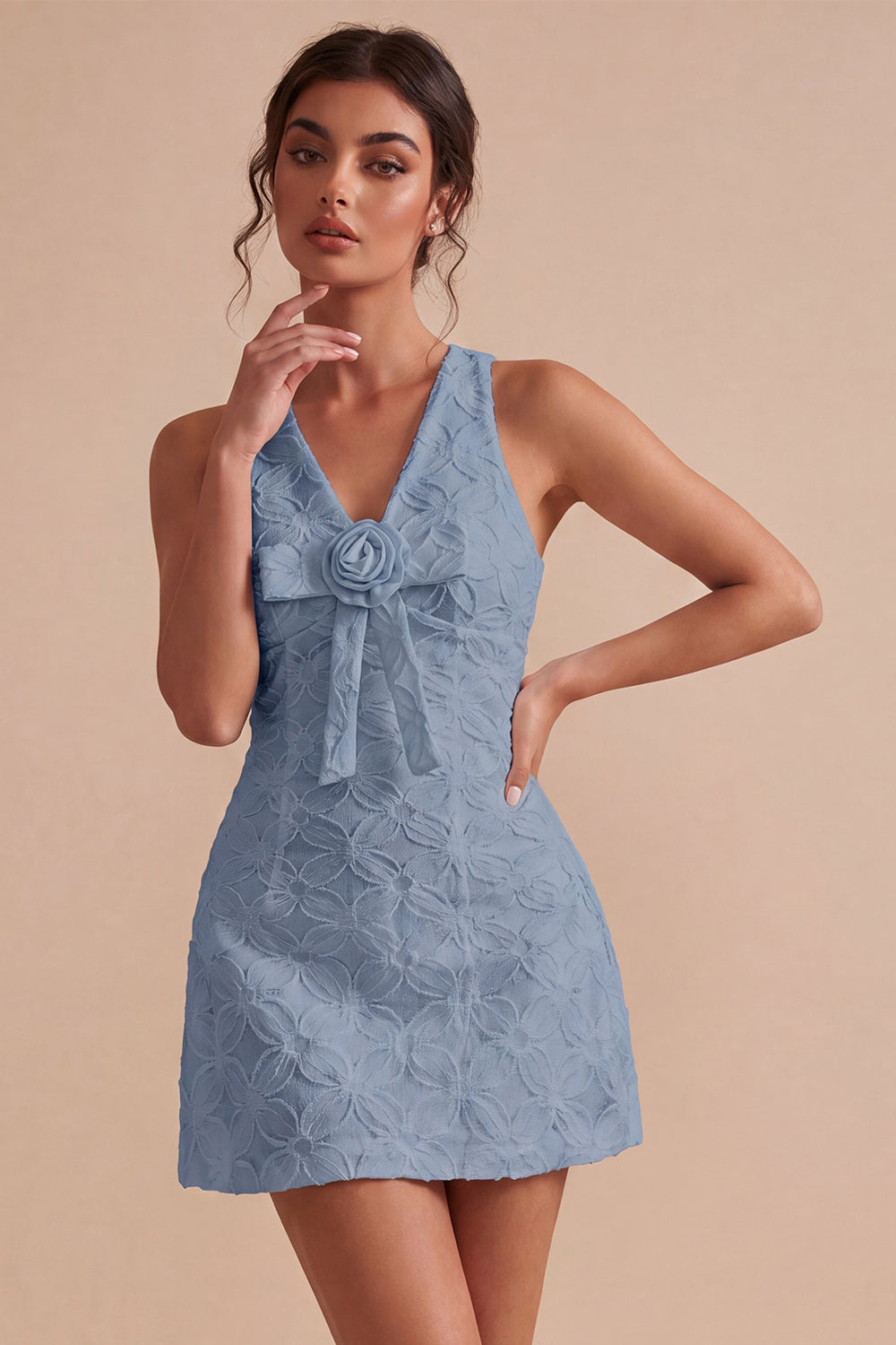 White V-Neck A-Line Short Floral Graduation Dress with Bow