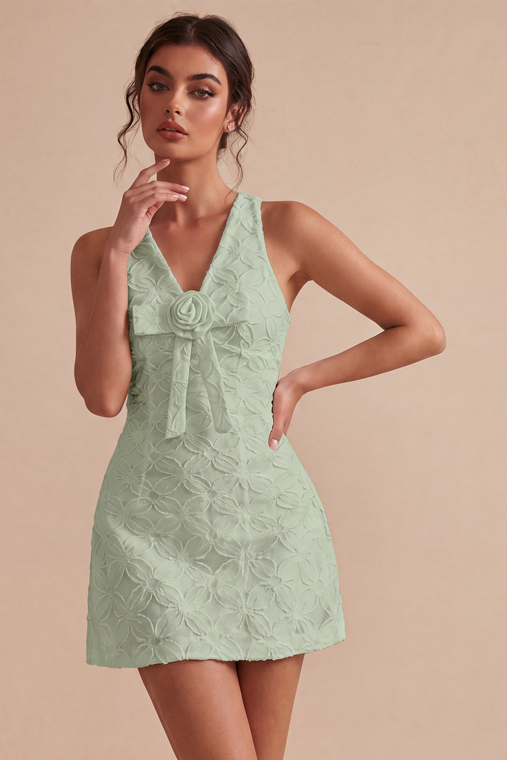 White V-Neck A-Line Short Floral Graduation Dress with Bow