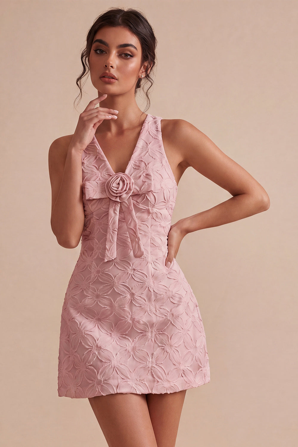 White V-Neck A-Line Short Floral Graduation Dress with Bow