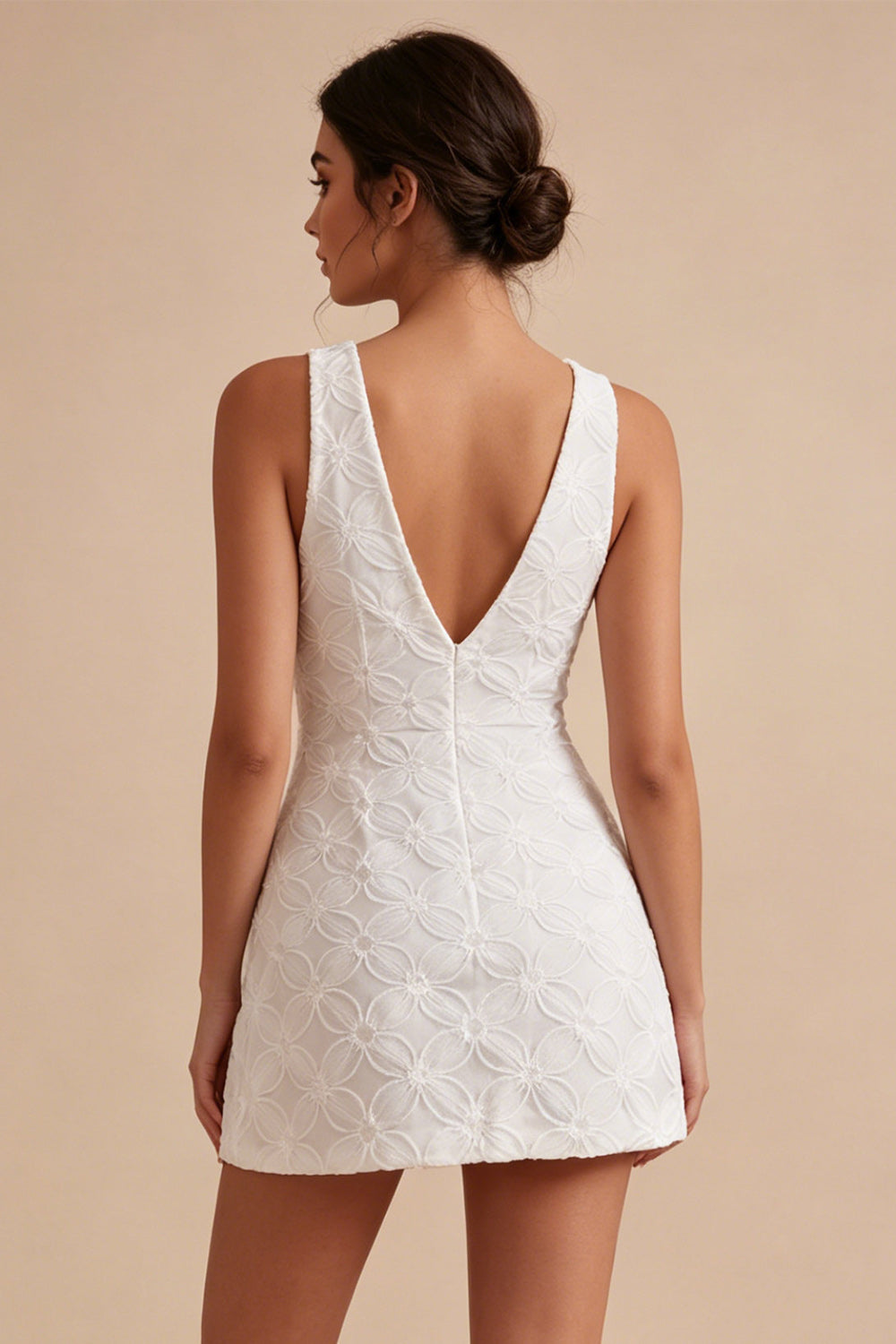 White V-Neck A-Line Short Floral Graduation Dress with Bow