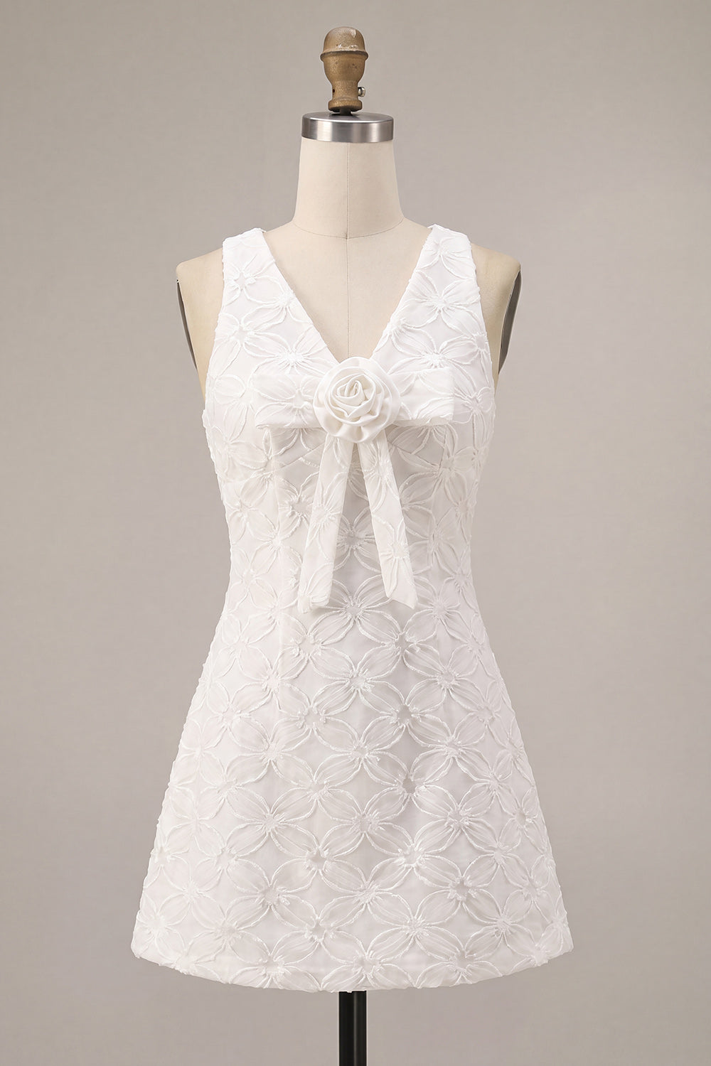 White V-Neck A-Line Short Floral Graduation Dress with Bow