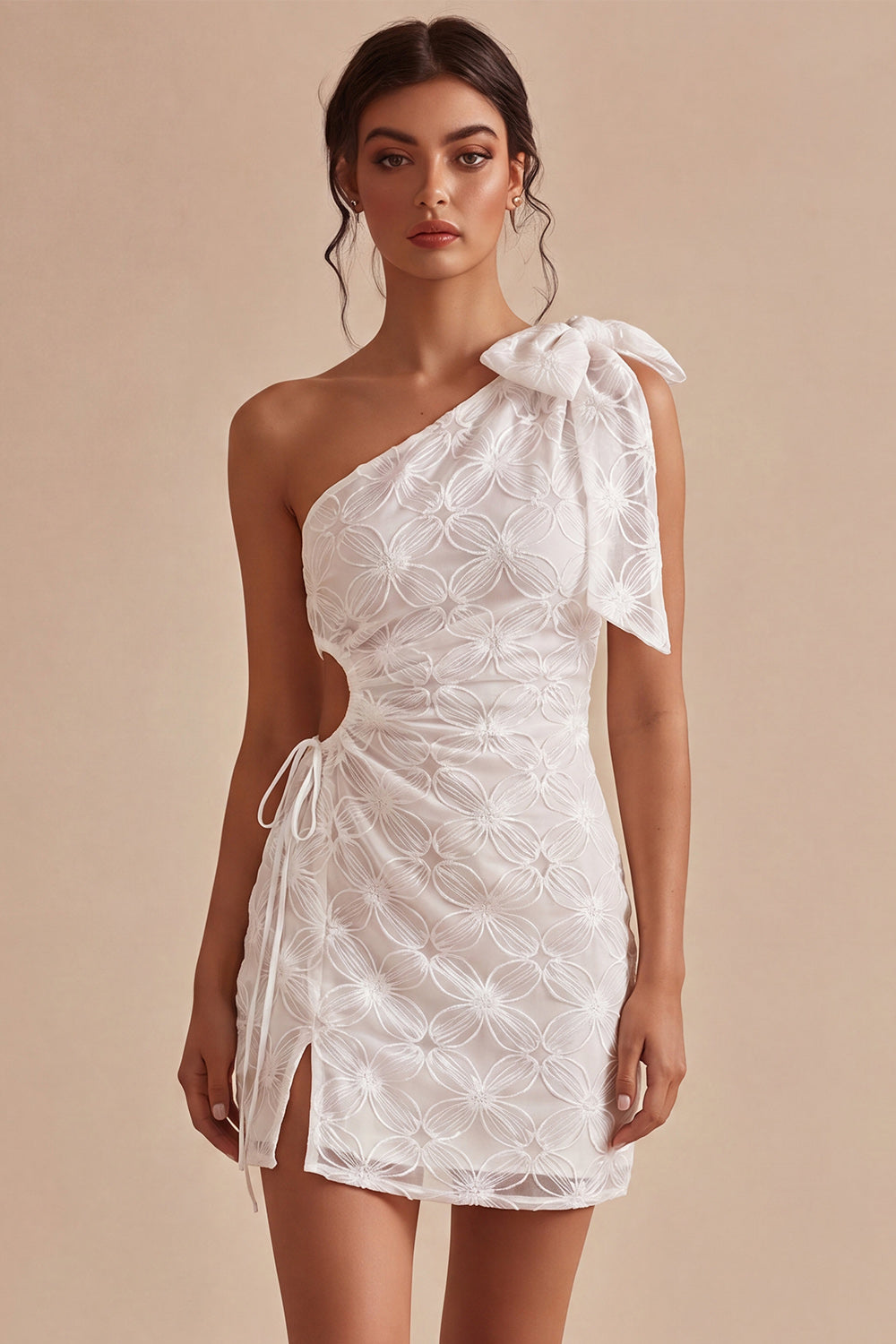 Floral White Tight Short Keyhole Ruched Graduation Dress with Bow