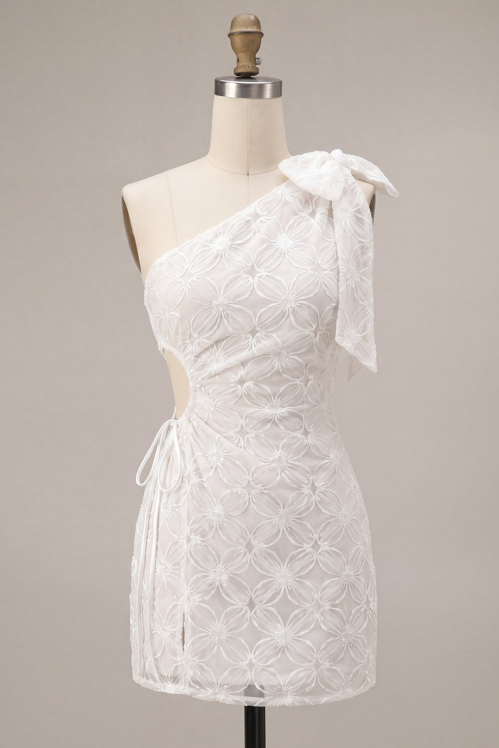 Floral White Tight Short Keyhole Ruched Graduation Dress with Bow