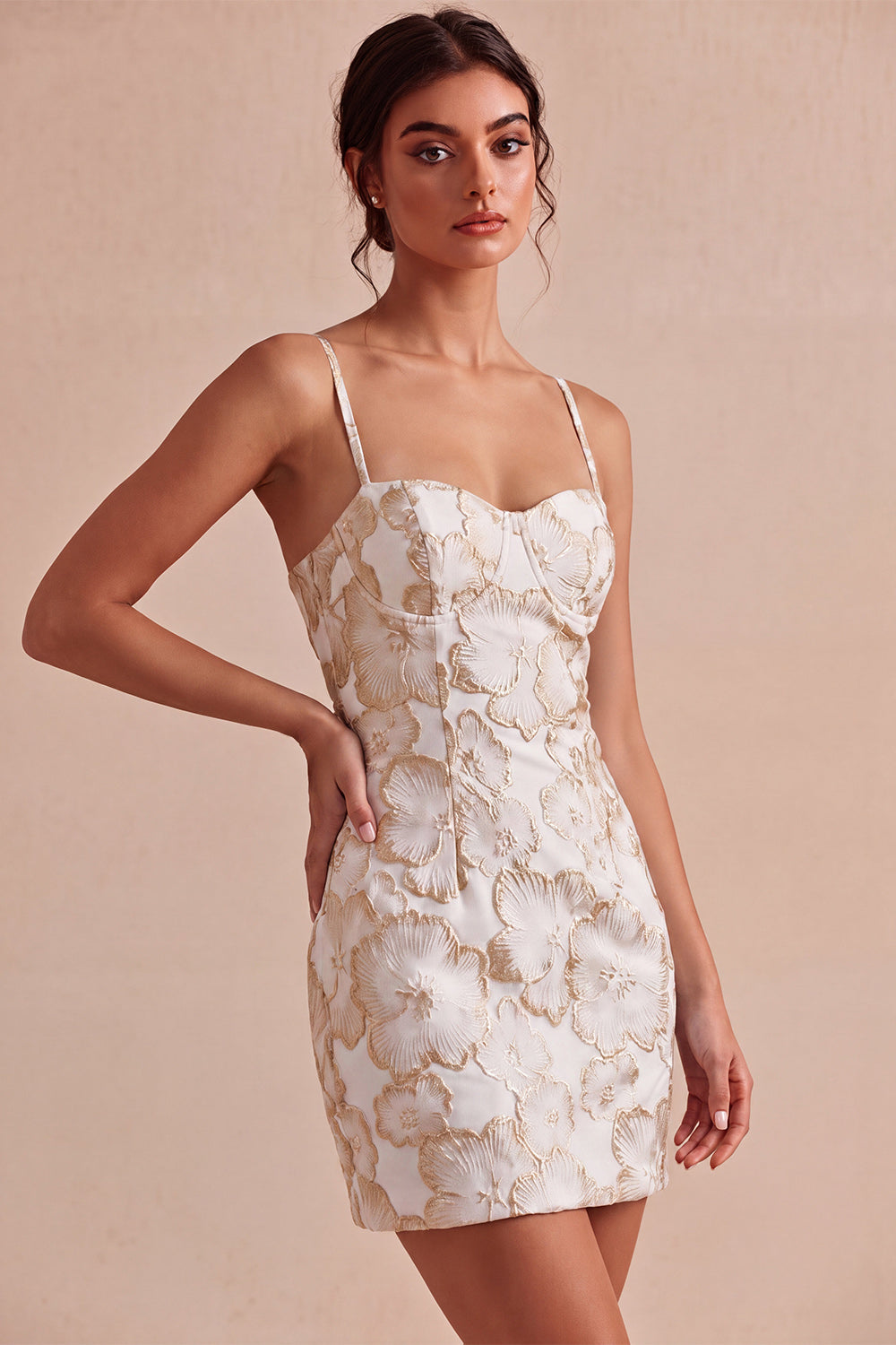 Floral Ivory Tight Short Jacquard Graduation Dress