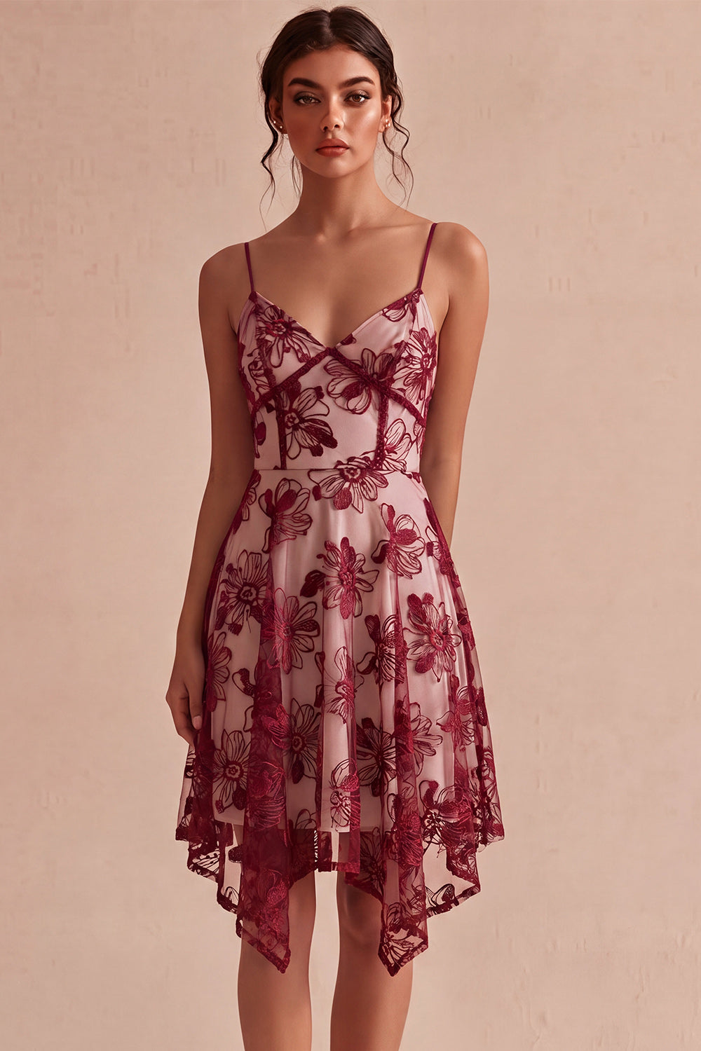 Ivory A-Line Spaghetti Straps Short Floral Graduation Dress