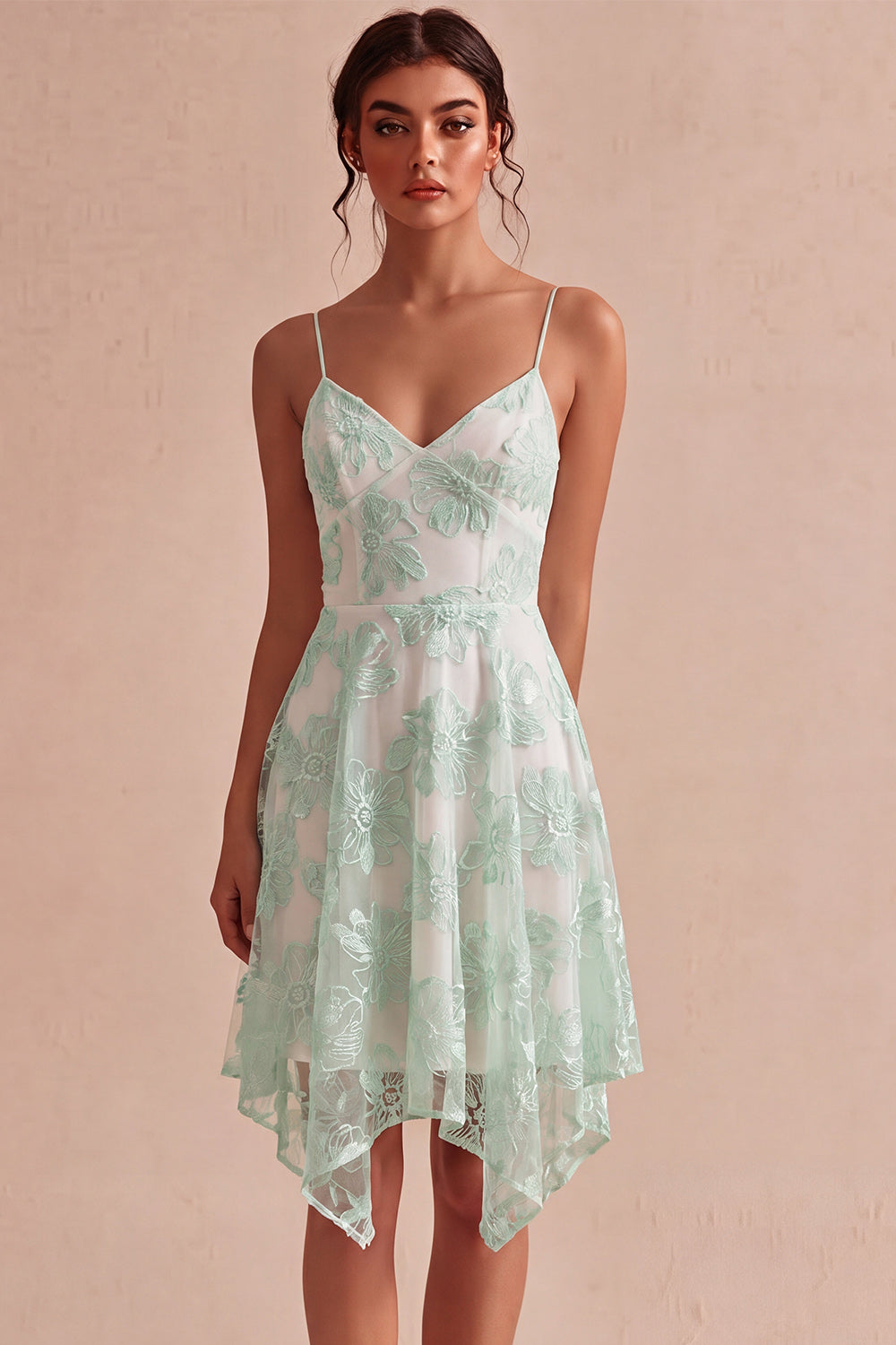 Ivory A-Line Spaghetti Straps Short Floral Graduation Dress