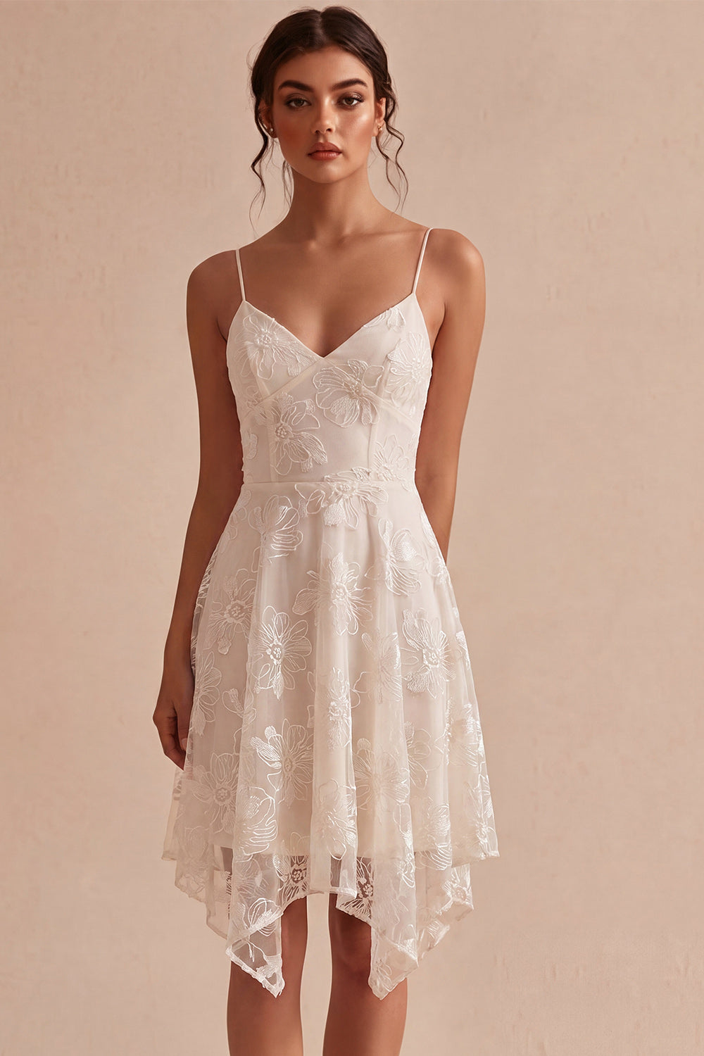 Ivory A-Line Spaghetti Straps Short Floral Graduation Dress