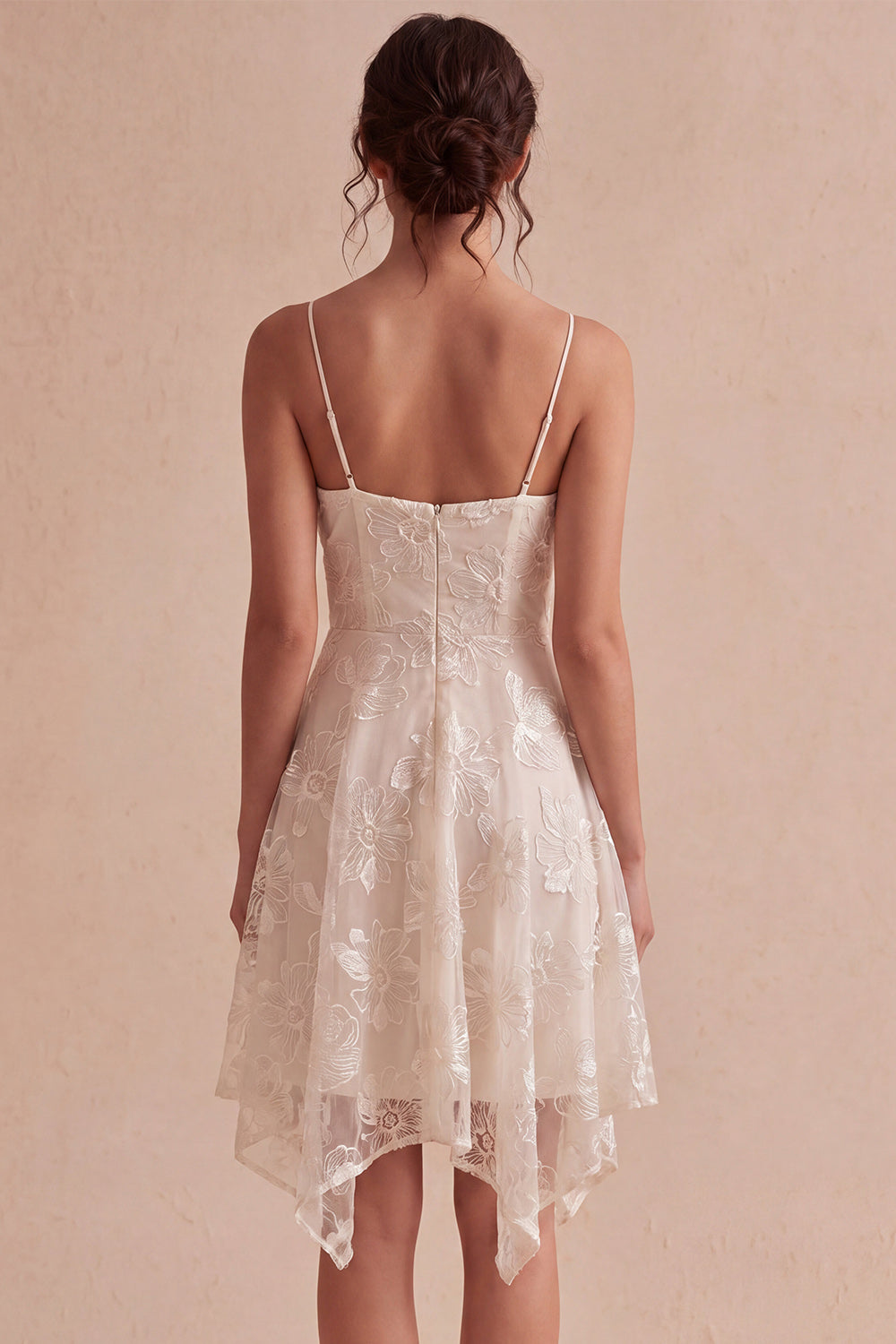 Ivory A-Line Spaghetti Straps Short Floral Graduation Dress