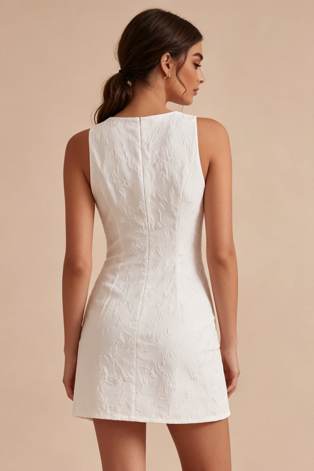 Floral White Tight Short Jacquard Graduation Dress with Slit