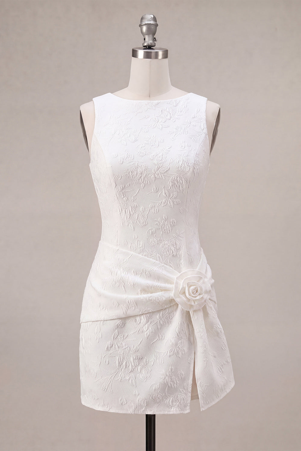 Floral White Tight Short Jacquard Graduation Dress with Slit