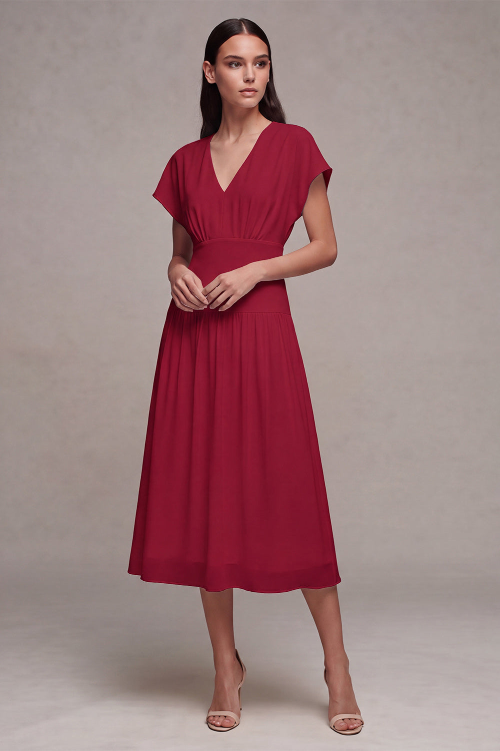 Simple White V-Neck A-Line Midi Chiffon Graduation Dress with Sleeves