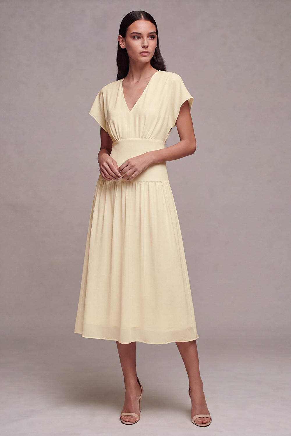 Simple White V-Neck A-Line Midi Chiffon Graduation Dress with Sleeves