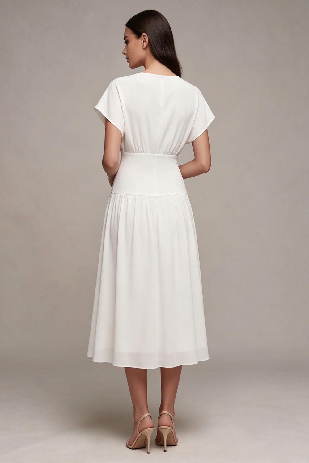 Simple White V-Neck A-Line Midi Chiffon Graduation Dress with Sleeves