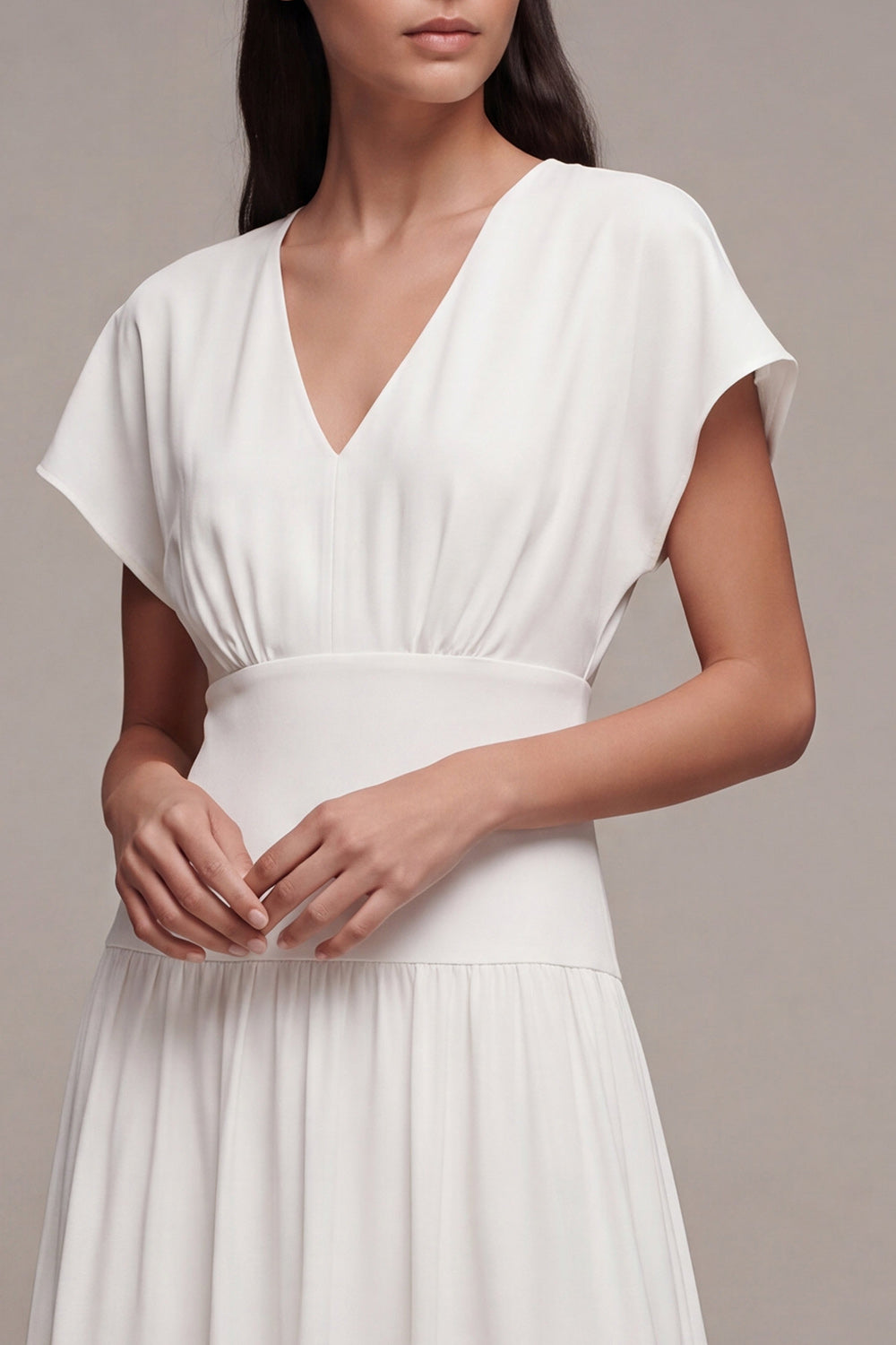 Simple White V-Neck A-Line Midi Chiffon Graduation Dress with Sleeves
