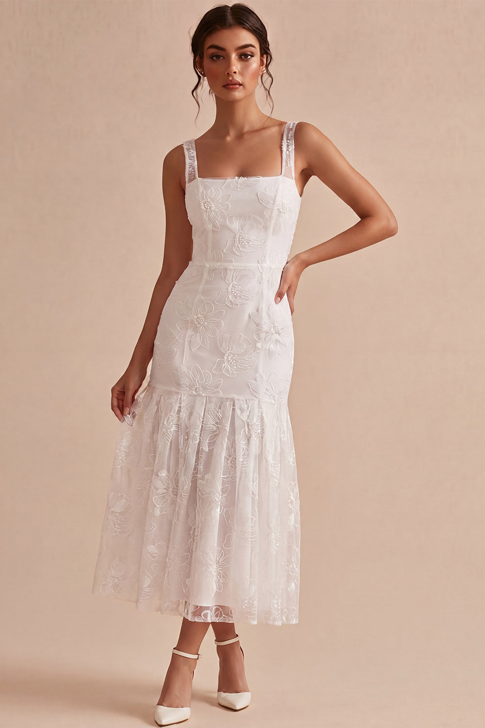 White Ruched Thick Straps Floral Long Graduation Dress