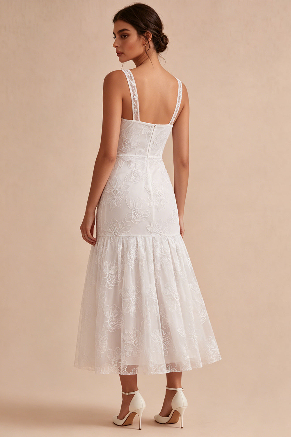 White Ruched Thick Straps Floral Long Graduation Dress