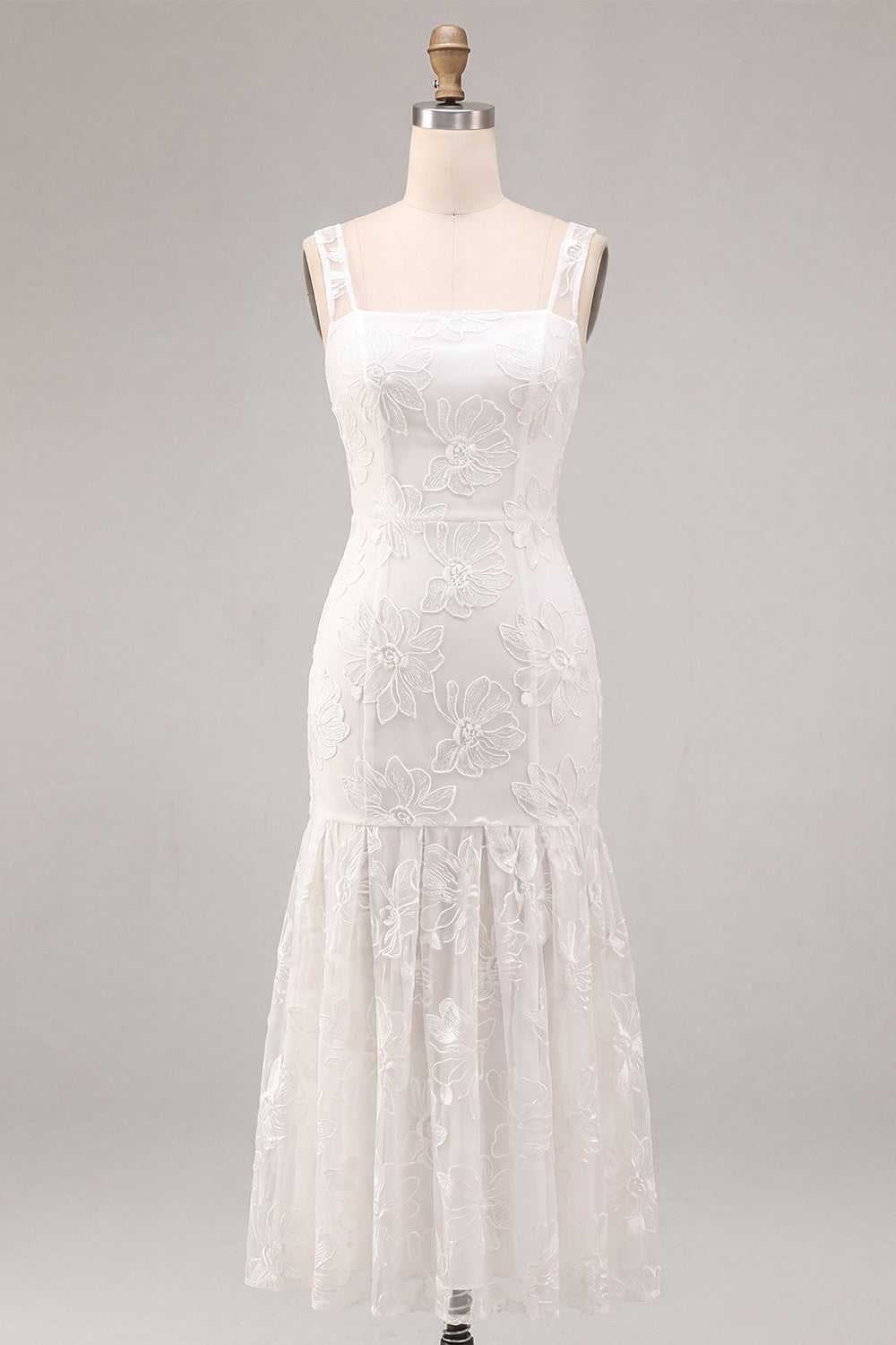 White Ruched Thick Straps Floral Long Graduation Dress