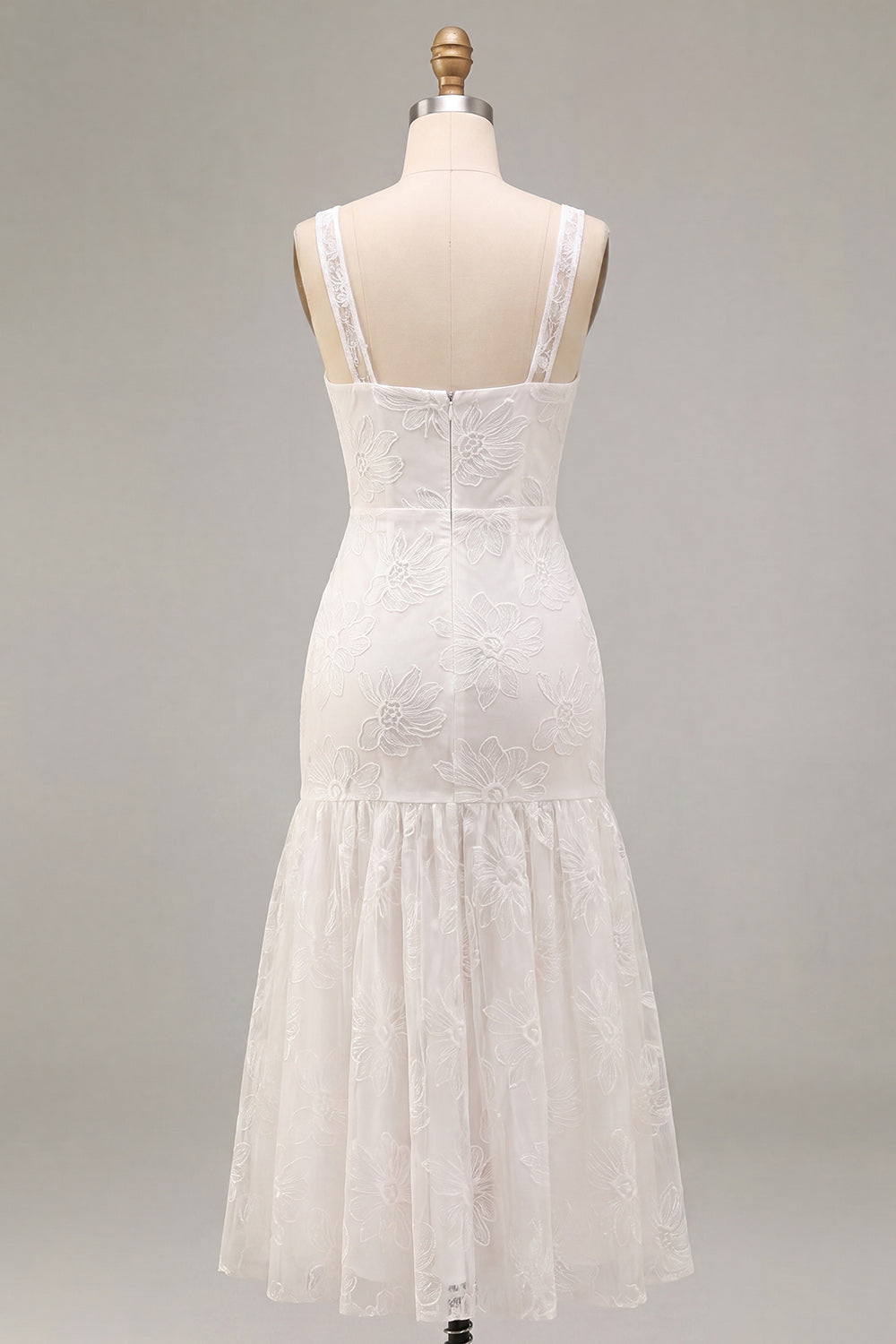 White Ruched Thick Straps Floral Long Graduation Dress