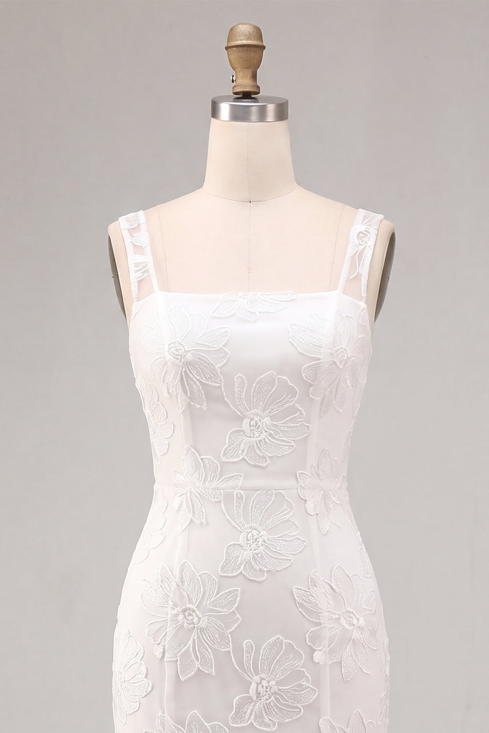 White Ruched Thick Straps Floral Long Graduation Dress
