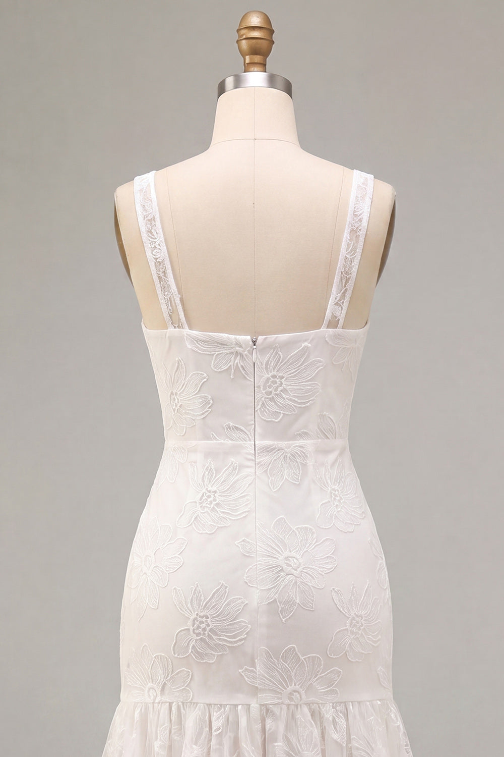 White Ruched Thick Straps Floral Long Graduation Dress
