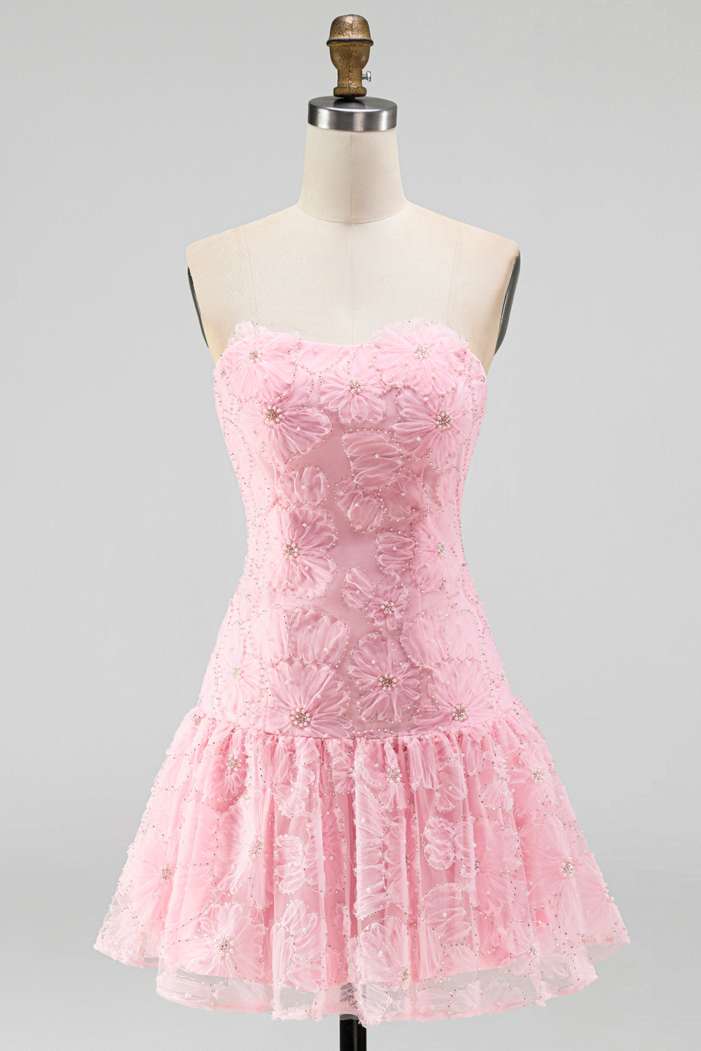Floral Pink A-Line Beaded Short Homecoming Dress