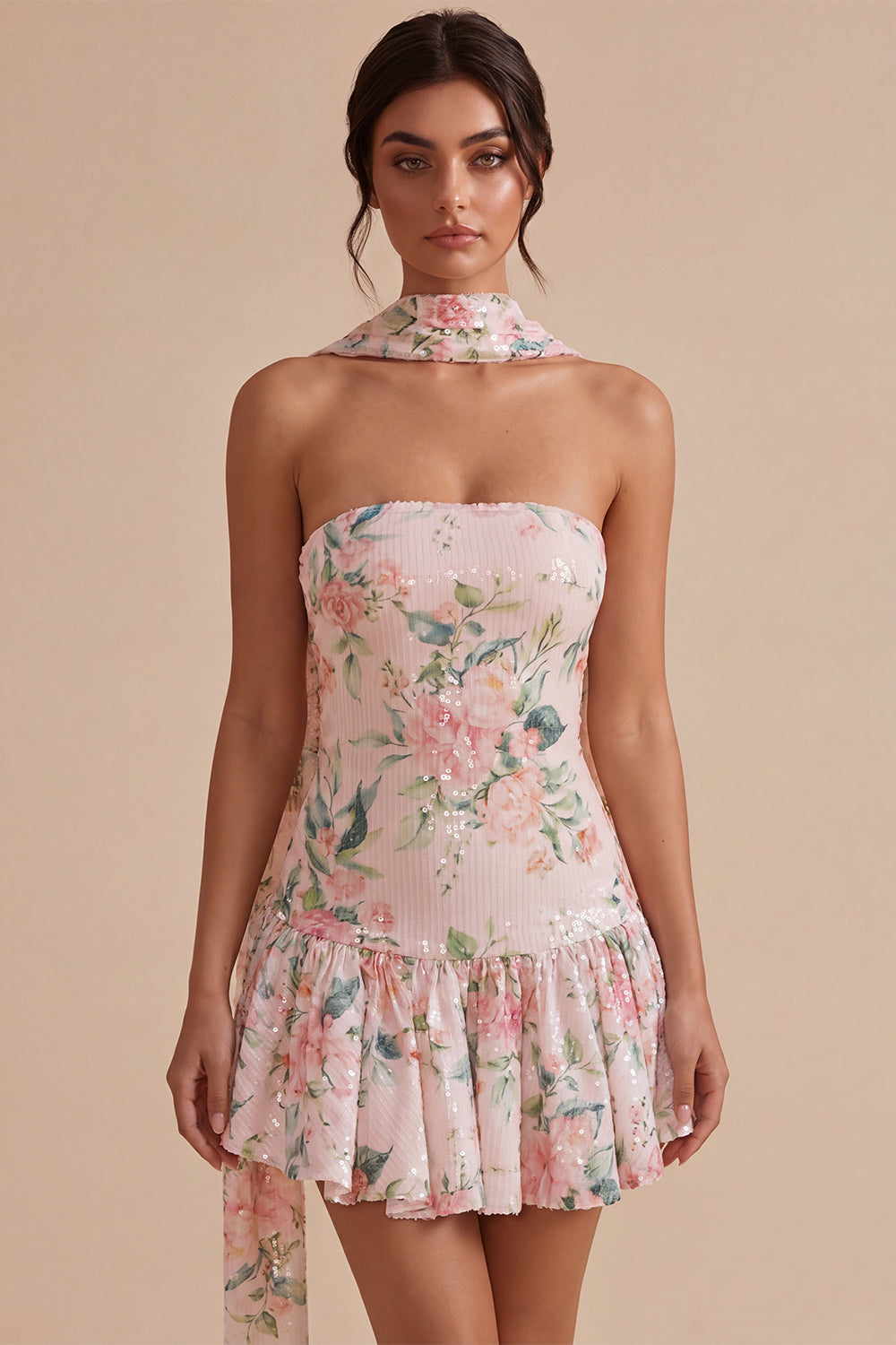 Sparkly White Pink Flower A-Line Sequin Short Homecoming Dress with Neck Scarf