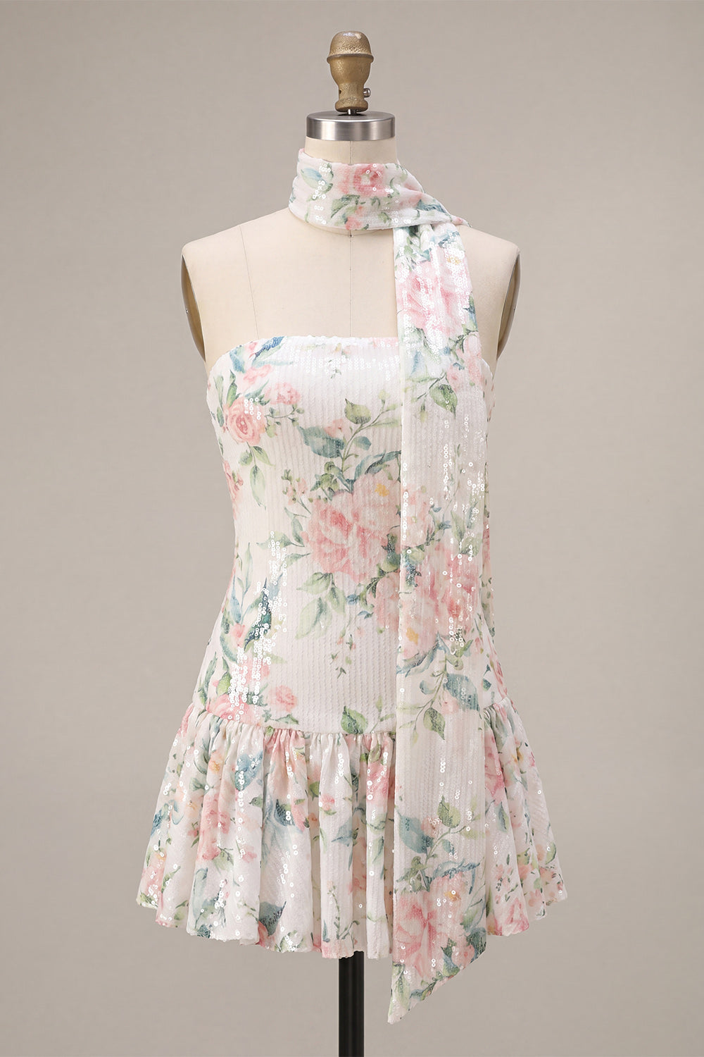 Sparkly White Pink Flower A-Line Sequin Short Homecoming Dress with Neck Scarf