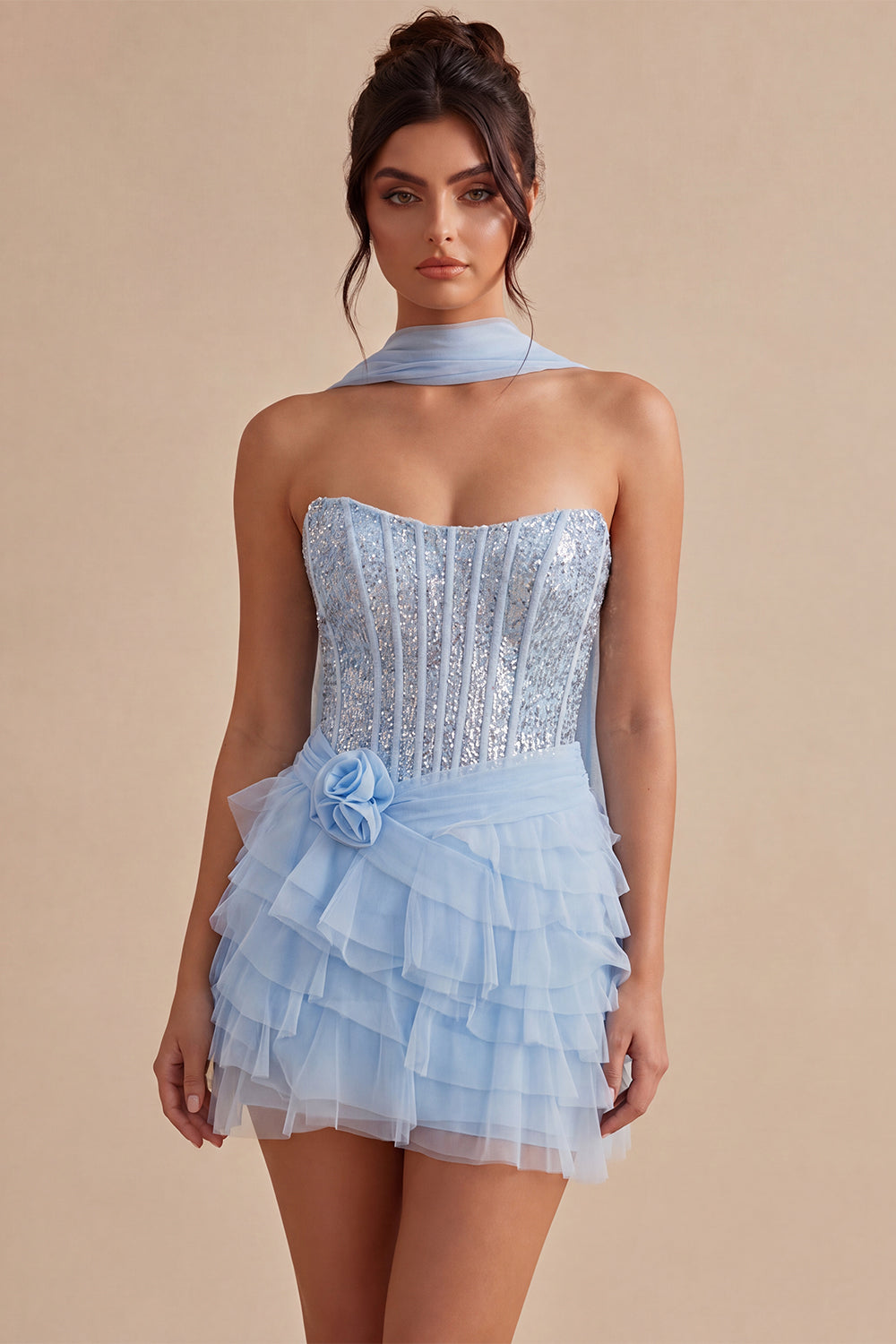 Sparkly Sky Blue Corset Tiered Sequin Ruffled Short Homecoming Dress