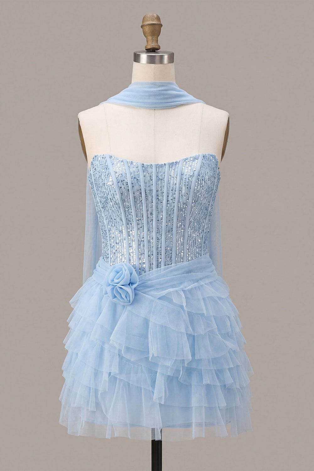 Sparkly Sky Blue Corset Tiered Sequin Ruffled Short Homecoming Dress