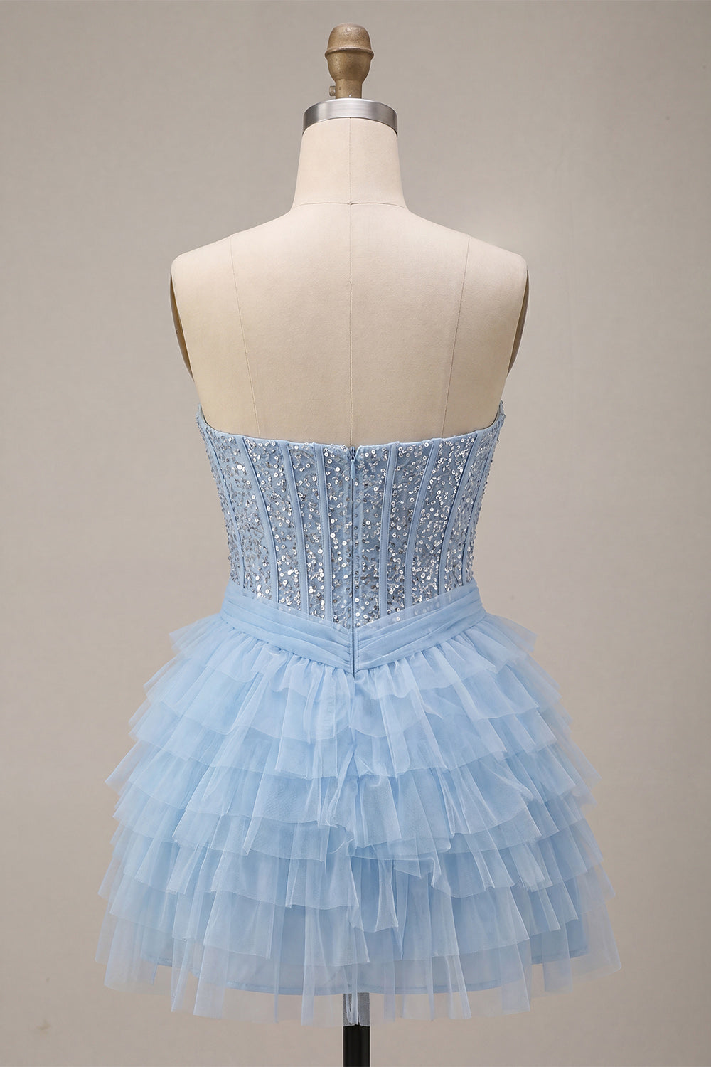 Sparkly Sky Blue Corset Tiered Sequin Ruffled Short Homecoming Dress