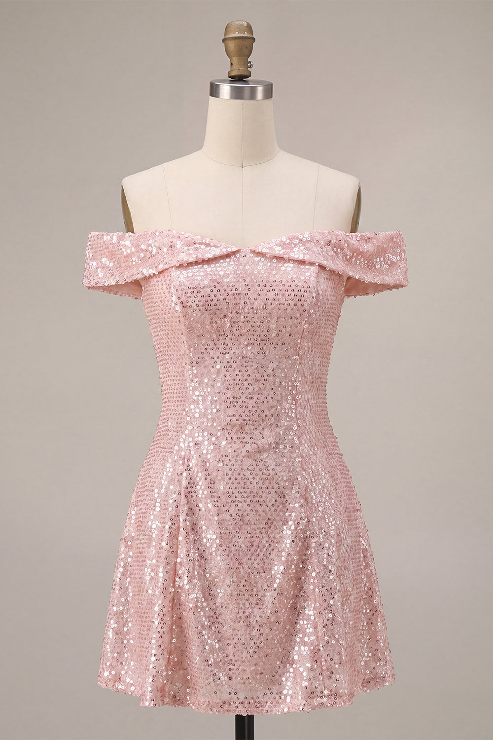 Sparkly Pink A-Line Off The Shoulder Sequin Short Homecoming Dress