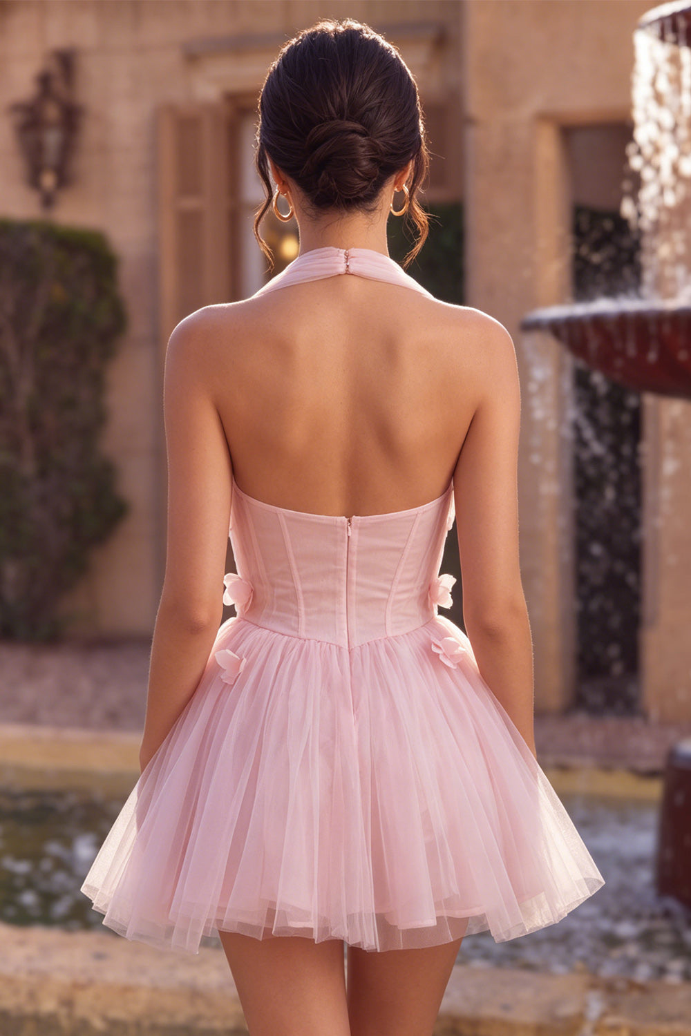 Pink Tulle A-Line Halter Short Homecoming Dress with 3D Flowers