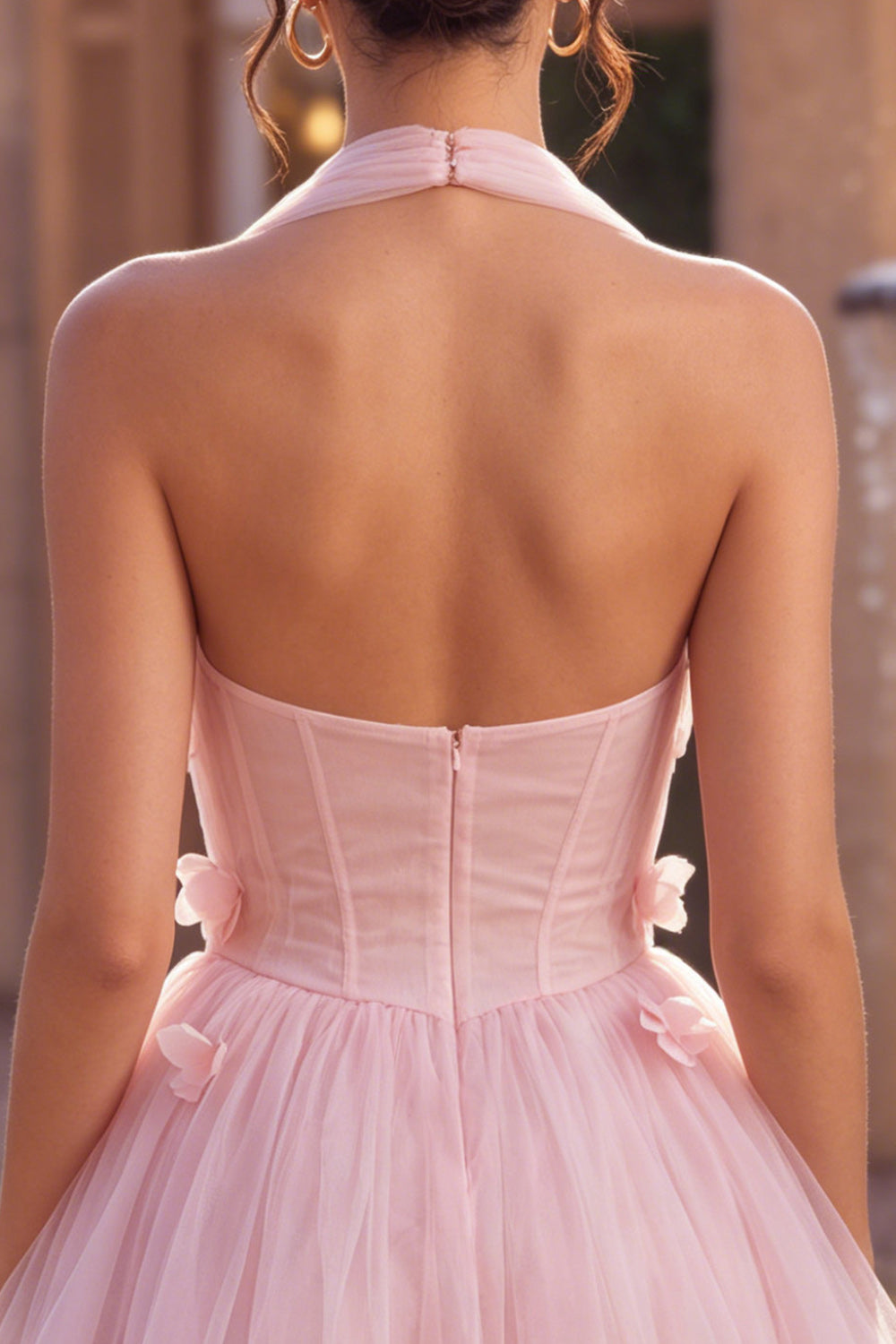 Pink Tulle A-Line Halter Short Homecoming Dress with 3D Flowers
