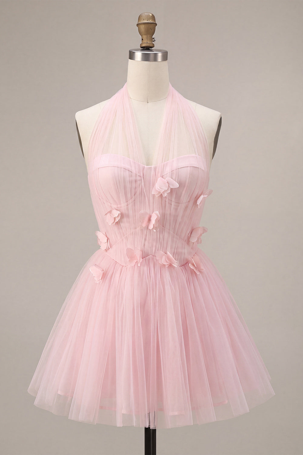 Pink Tulle A-Line Halter Short Homecoming Dress with 3D Flowers