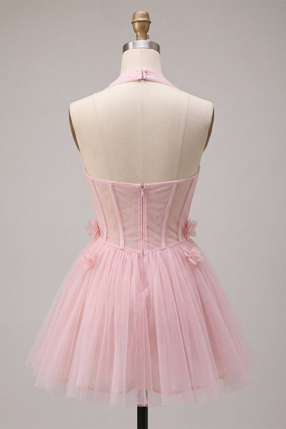 Pink Tulle A-Line Halter Short Homecoming Dress with 3D Flowers