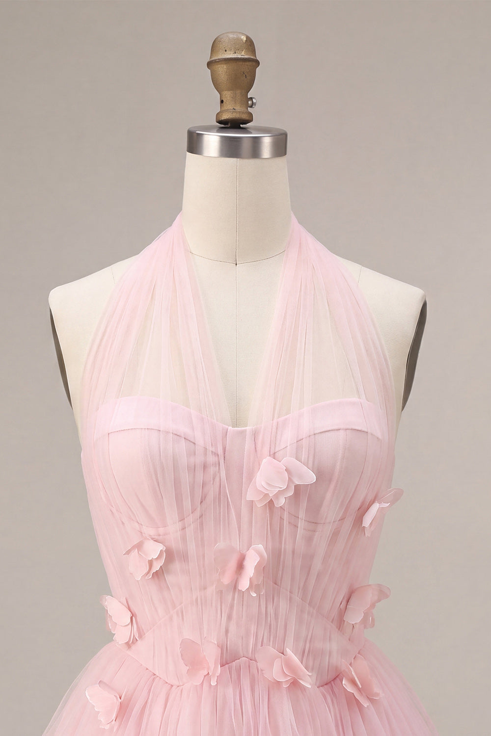 Pink Tulle A-Line Halter Short Homecoming Dress with 3D Flowers