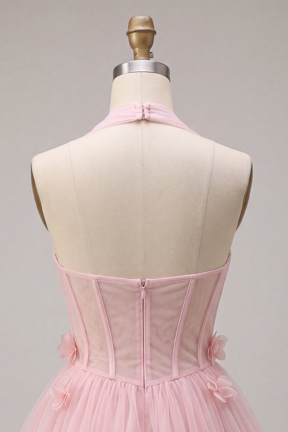 Pink Tulle A-Line Halter Short Homecoming Dress with 3D Flowers