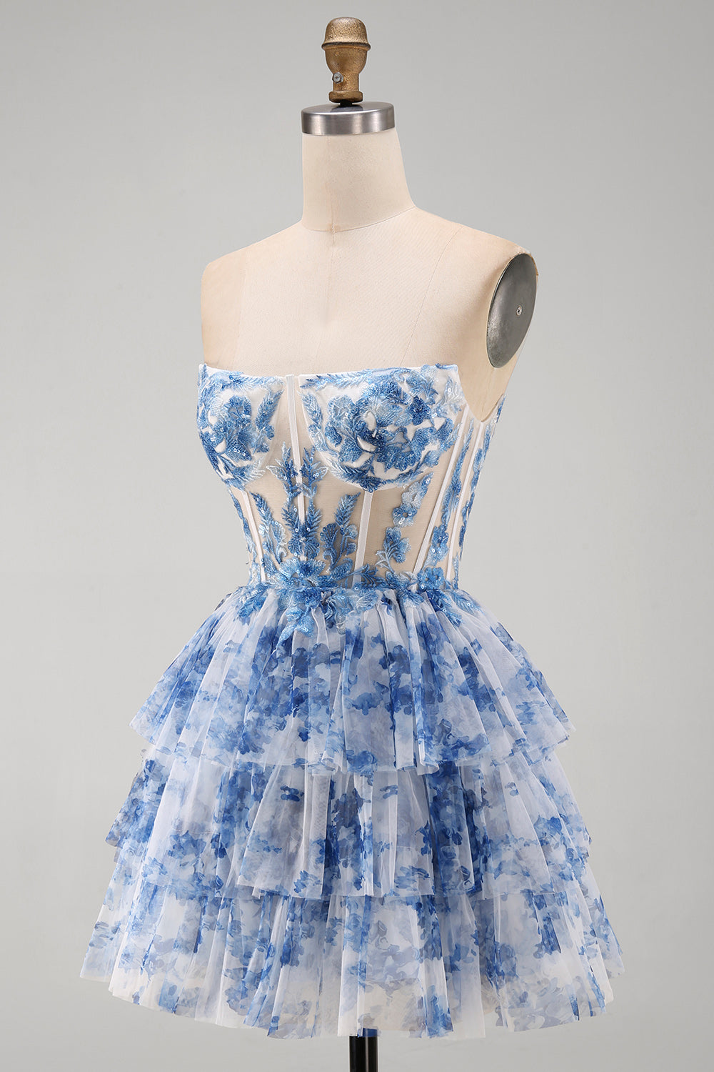 White Blue Flower Ruffled Corset Tiered Strapless Short Homecoming Dress