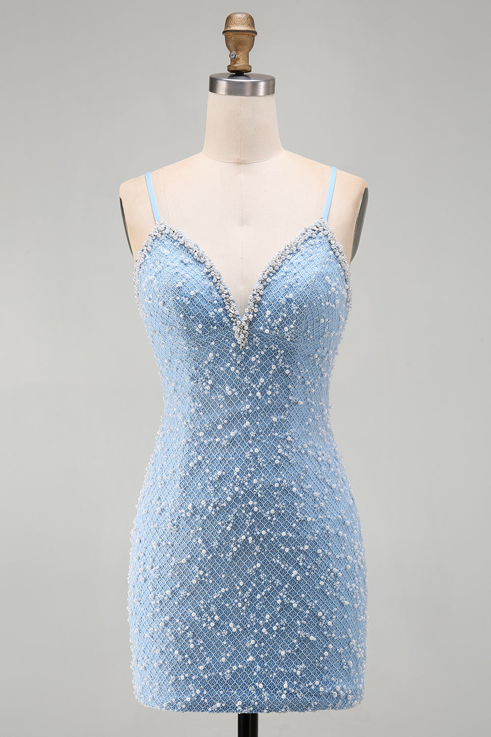 Blue Tight Sparkly V-Neck Short Homecoming Dress with Pearls