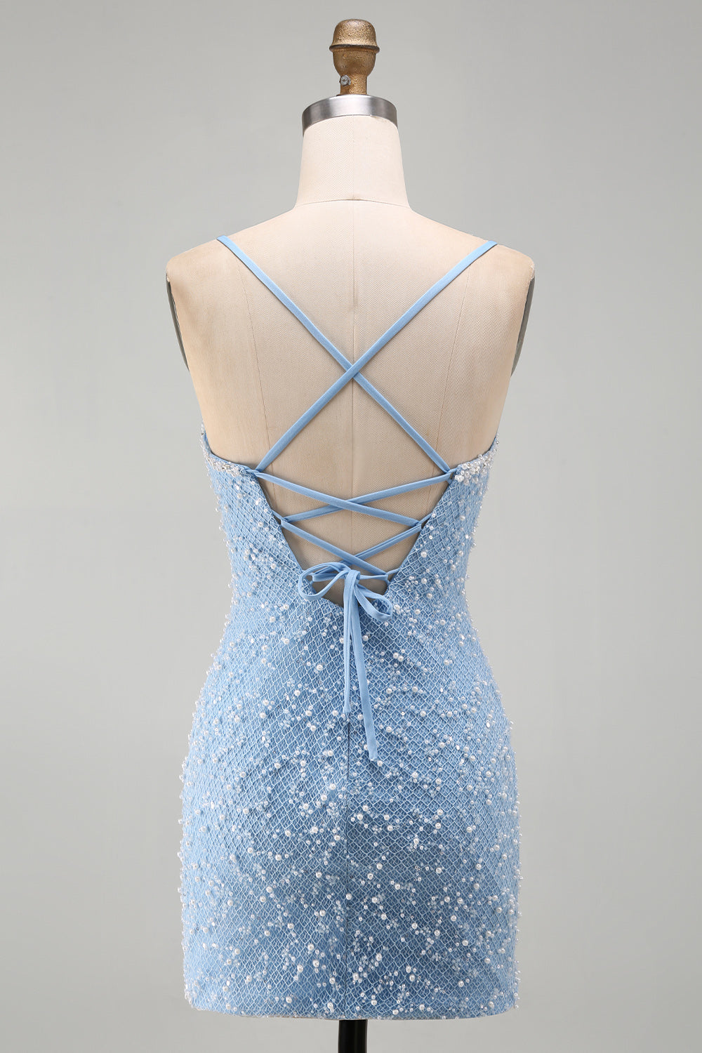 Blue Tight Sparkly V-Neck Short Homecoming Dress with Pearls