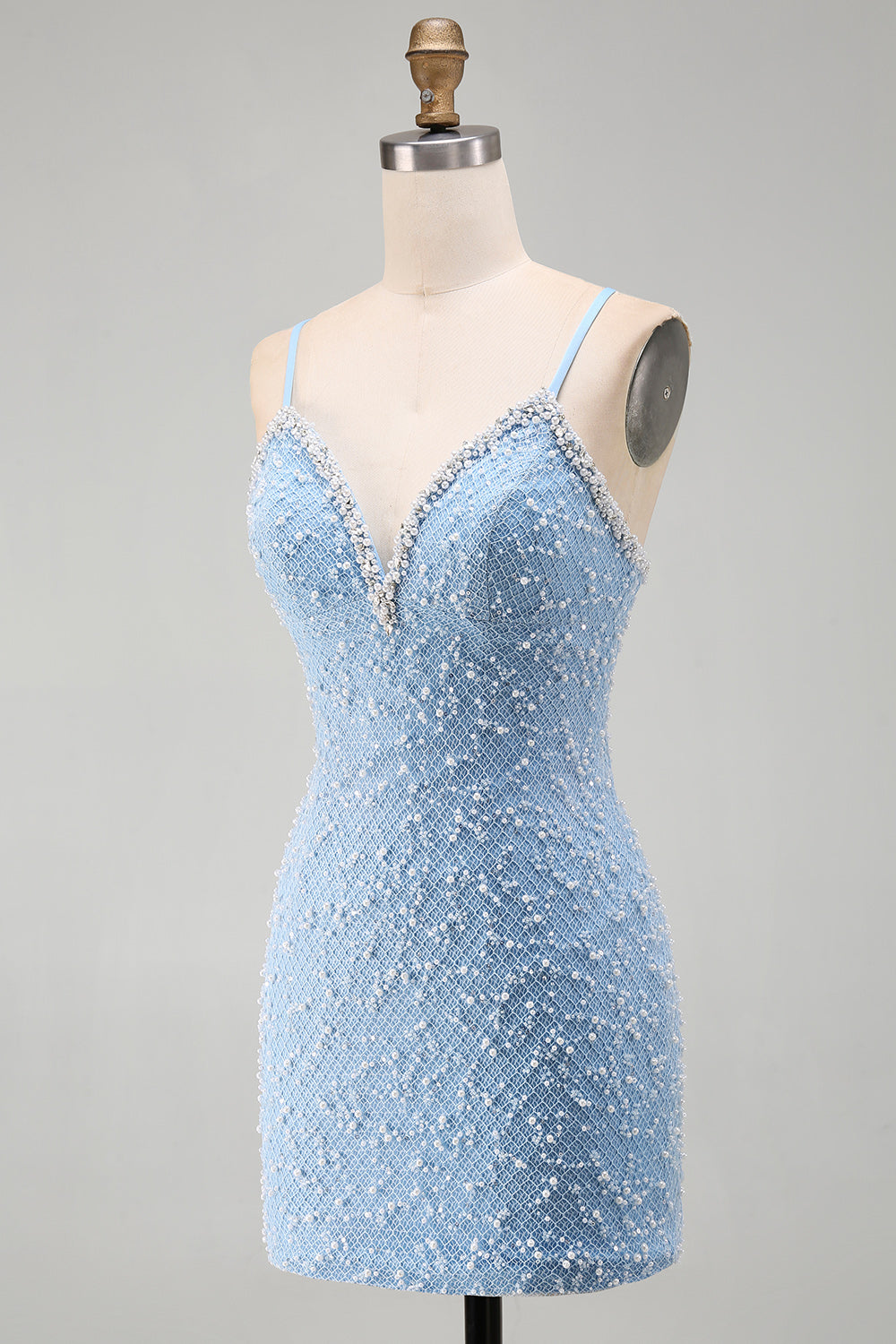 Blue Tight Sparkly V-Neck Short Homecoming Dress with Pearls
