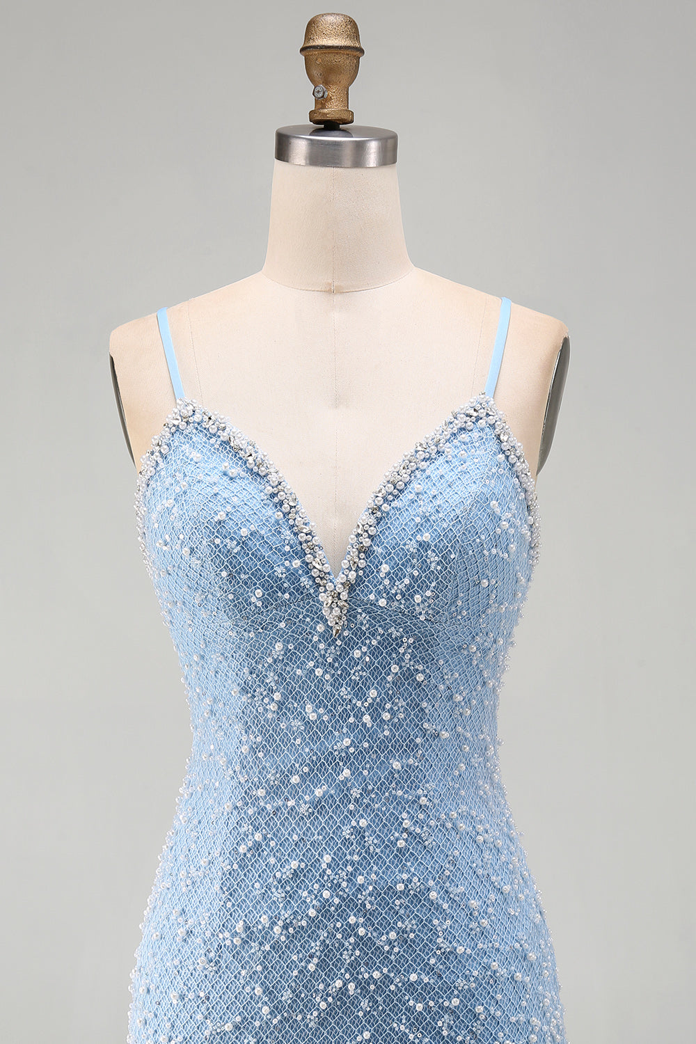 Blue Tight Sparkly V-Neck Short Homecoming Dress with Pearls