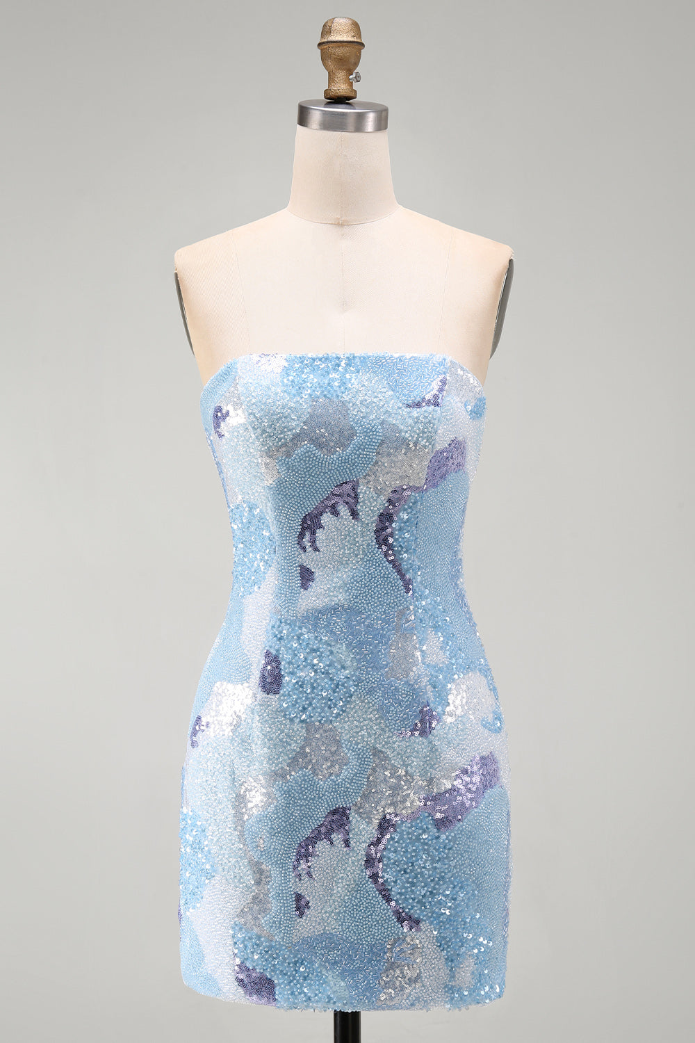 Blue Sequins Beaded Sparkly Strapless Tight Short Homecoming Dress
