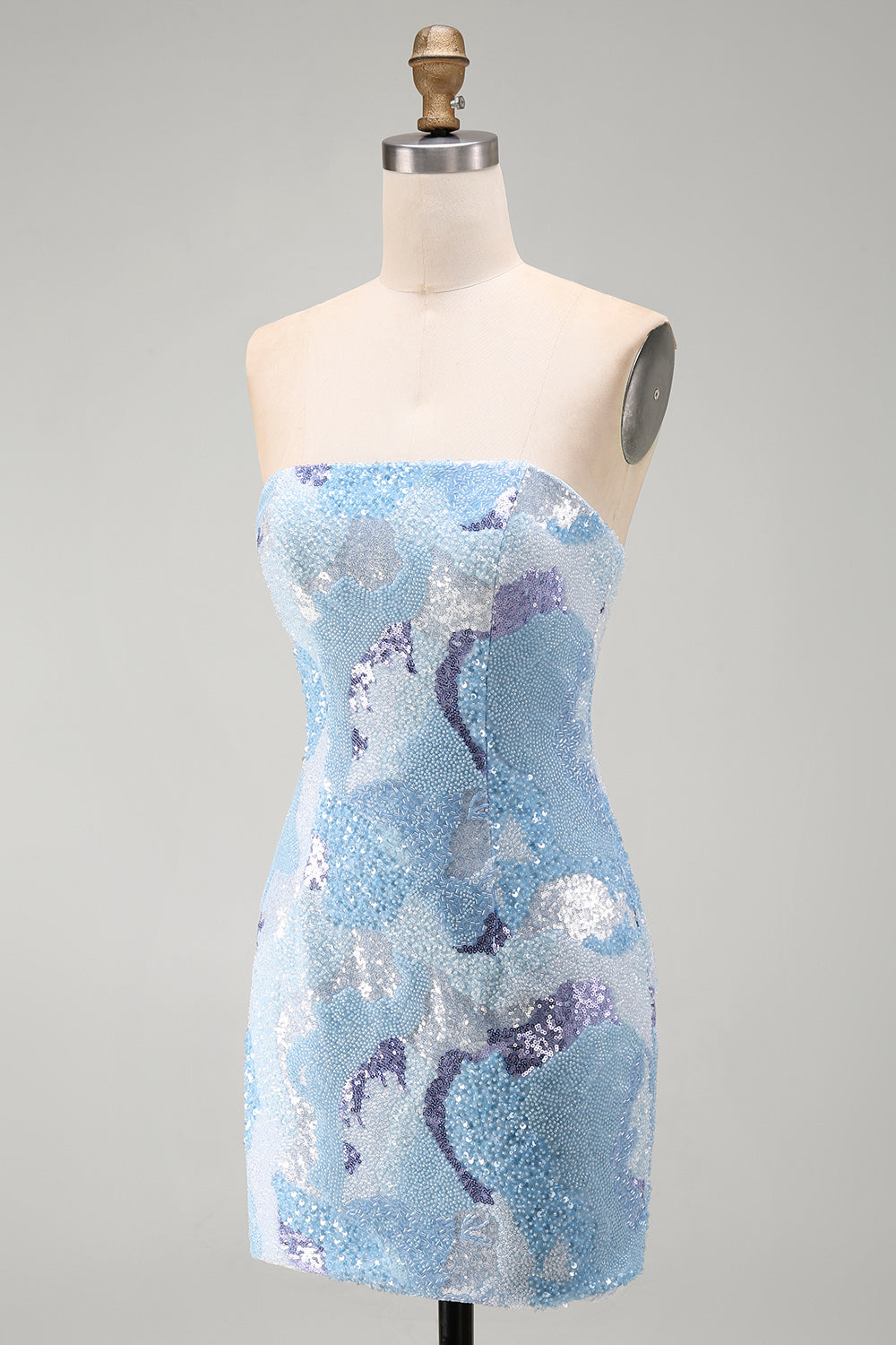 Blue Sequins Beaded Sparkly Strapless Tight Short Homecoming Dress