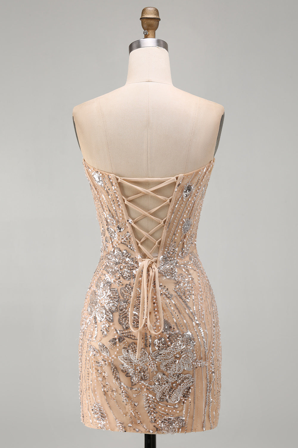 Champagne Corset Floral Sparkly Tight Sequins Short Homecoming Dress