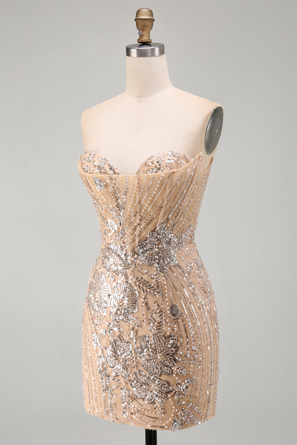 Champagne Corset Floral Sparkly Tight Sequins Short Homecoming Dress